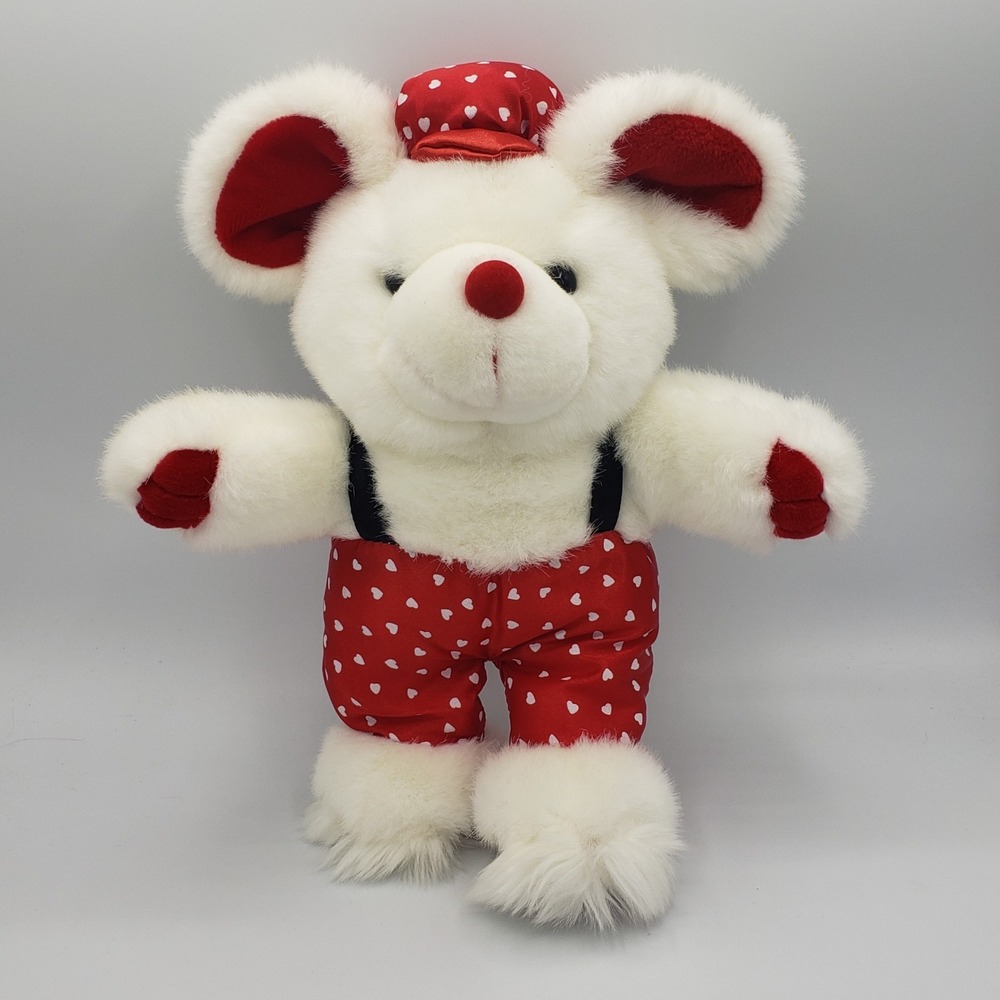Cute Valentines Mouse Plush White Red Satin Pants Hat Hearts 12" Walmart Vintage